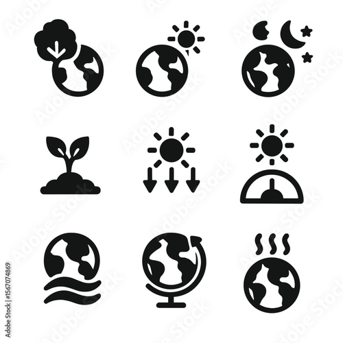 Earth Climate Icon Grid. Solid, filled icon set of Earth and climate effects: seasonal tree, polar day, polar night, growing
