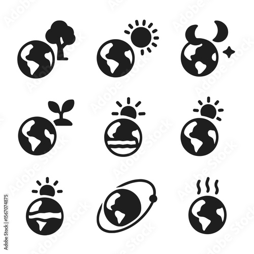 Earth Climate Icon Grid. Solid, filled icon set of Earth and climate effects: seasonal tree, polar day, polar night, growing