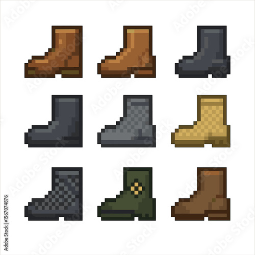 Boot Materials Icons. Pixel art icon set of boot materials: leather, suede, rubber, neoprene, synthetic fabric, canvas, mesh, Gore
