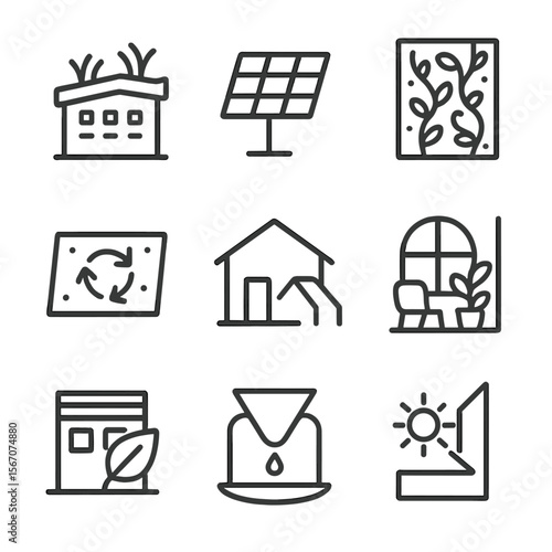 Sustainable Architecture Icons. Outline icon set of sustainable architectural art: green roof garden, solar panel pattern, living