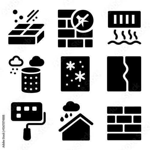 Urban Design Icons. Solid, filled icons set of low-maintenance urban design: anti-dust pavement,