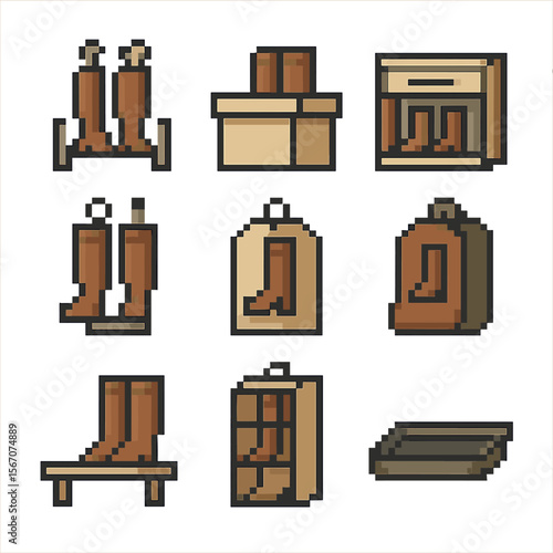 Boot Storage Icons. Pixel art icon set of boot storage solutions: boot rack, storage box, shoe cabinet, boot tree, dust bag, boot