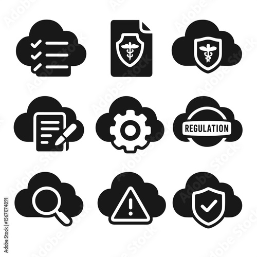 Cloud Compliance Icons. Solid, filled icons set of cloud compliance and governance: checklist icon, GDPR file,