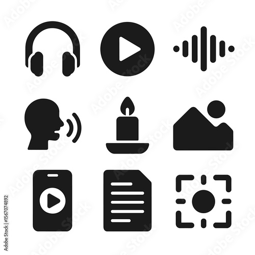 Meditation Icon Grid. Solid, filled icons set of guided meditation: headphones, play button, audio wave, voice