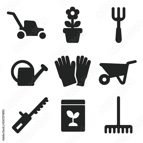 Gardening Icons Grid. Solid, filled icon set of gardening and landscaping: lawn mower, flower pot, garden fork, watering can,