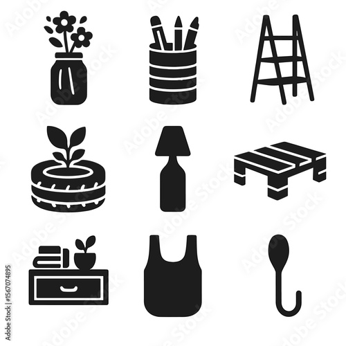 Upcycled Household Icons. Solid, filled icons set of upcycling household items into new uses: mason jar vase,