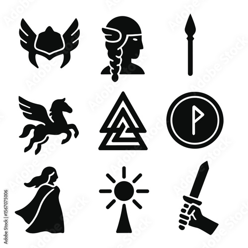 Valkyrie Icon Grid. Solid, filled icons set of valkyries: winged helmet, braided warrior, battle spear, shield
