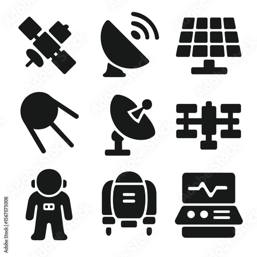 Cosmic Tools Icons. Solid, filled icon set of cosmic tools and tech: satellite, radar, solar panel, space probe, antenna, space