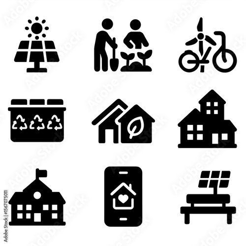 Eco Community Icons. Solid, filled icon set of eco community projects: community solar, shared garden, public bike rack, recycling