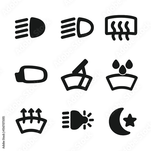 Vehicle Visibility Icons. Solid, filled icons set of vehicle visibility enhancements: headlight beam, fog lamp