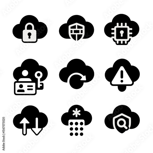 Cloud Security Icons. Solid, filled icons set of cloud security: cloud lock, firewall shield, data encryption,