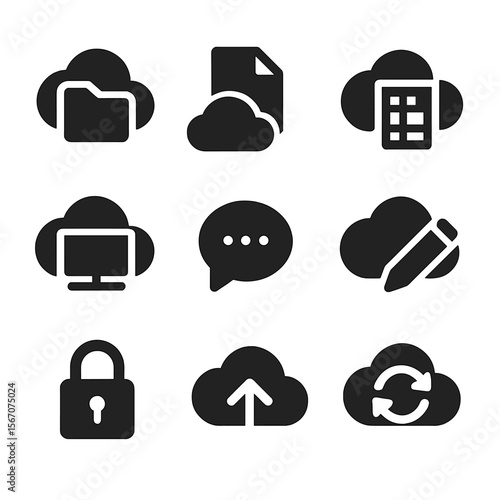 Cloud Icon Set. Solid, filled icons set of cloud collaboration: shared drive, document icon, spreadsheet,
