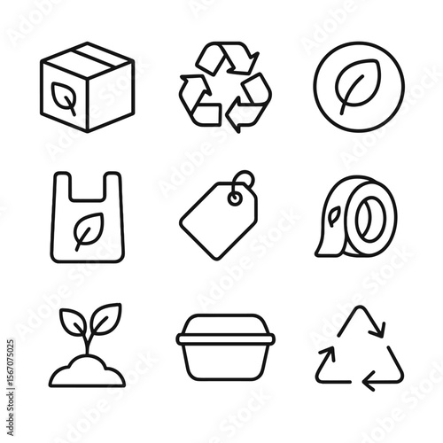 Sustainable Packaging Icons. Outline icon set of sustainable packaging elements: cardboard box with leaf, recycling symbol,