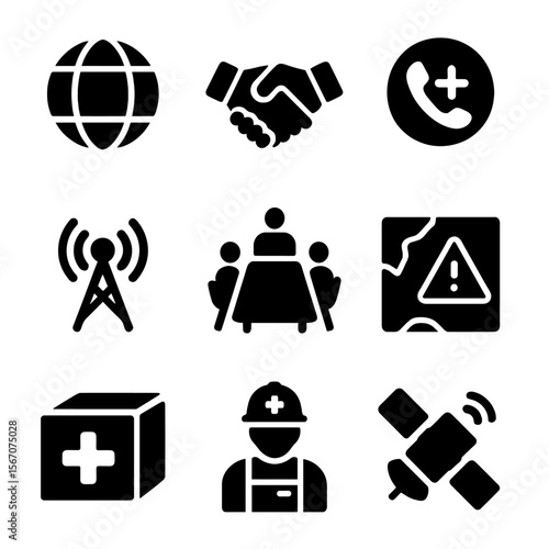 Crisis Management Icons. Solid, filled icon set of crisis management and coordination during international crises: globe,