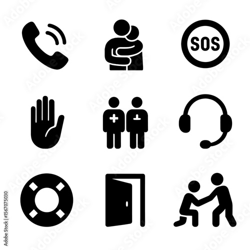 Crisis Support Icons. Solid, filled icon set of support in crisis: hotline phone, emergency hug, SOS signal, calming gesture,
