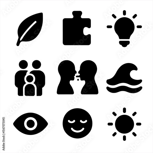 Mindful Play Icons. Solid, filled icons set of mindful play and relaxation: mindful leaf, puzzle piece, soft