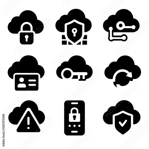 Cloud Security Icons. Solid, filled icons set of cloud security: cloud lock, firewall shield, data encryption,