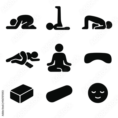 Restorative Yoga Icons. Solid, filled icon set of restorative yoga poses: child's pose, legs up the wall, supported bridge,