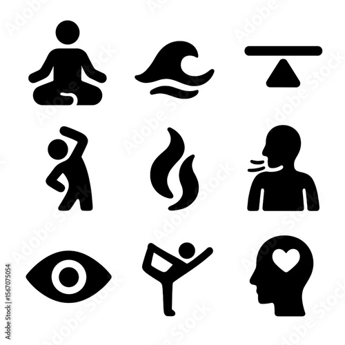 Mindful Movement Icons. Solid, filled icons set of mindful movement and balance: yoga icon, calm wave, balance