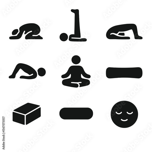 Restorative Yoga Icons. Solid, filled icon set of restorative yoga poses: child's pose, legs up the wall, supported bridge,
