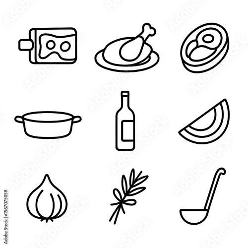 Braised Dishes Icon Set. Outline icon set of braised dishes: braised short rib, coq au vin, osso buco, braising pan, wine bottle,