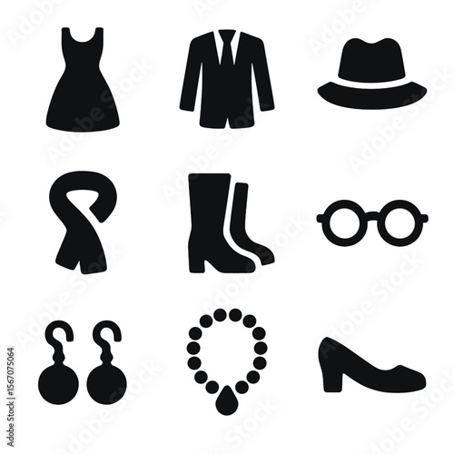Gender Clothing Icons. Solid, filled icon set of gender clothing and accessories: dress, suit, hat, scarf, boots, glasses,