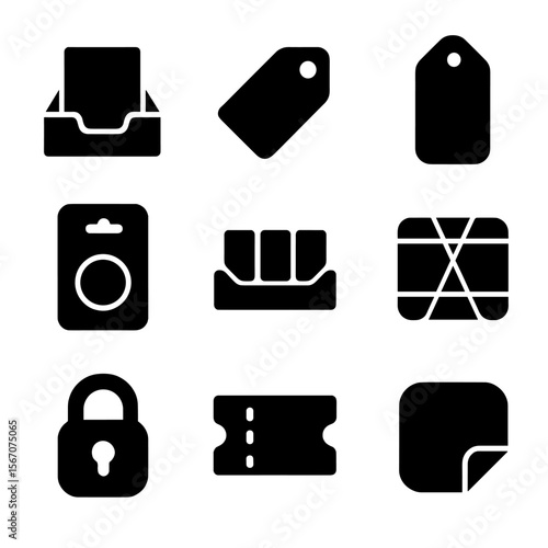 Retail Packaging Icons. Solid, filled icon set of retail packaging: display box, price tag, hang tag, blister card, shelf-ready