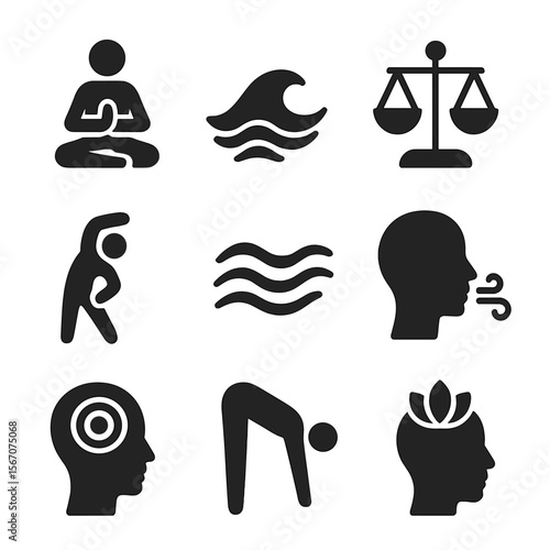 Mindful Movement Icons. Solid, filled icons set of mindful movement and balance: yoga icon, calm wave, balance