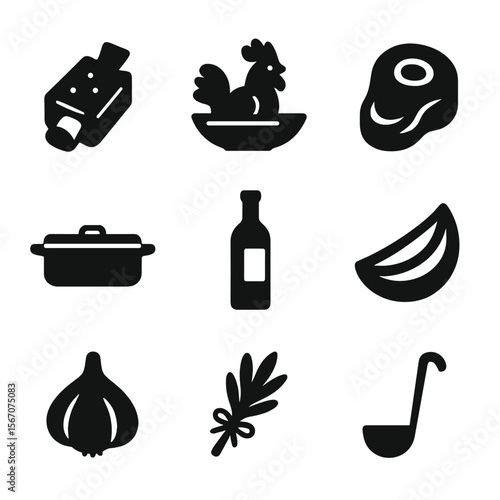 Braised Dishes Icons. Solid, Filled icon set of braised dishes: braised short rib, coq au vin, osso buco, braising pan, wine
