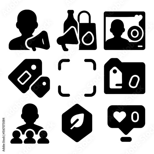 Co-branded Content Icons. Solid, filled icons set of influencer co-branded content: influencer icon, product