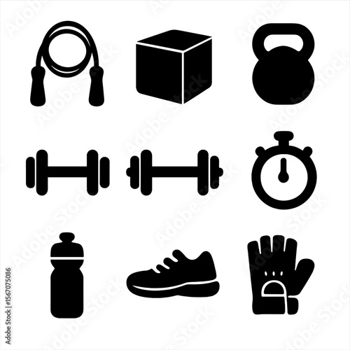 CrossFit Essentials Icons. Solid, filled icon set of CrossFit workout essentials: jump rope, plyometric box, kettlebell, dumbbell,