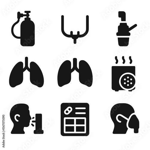 Respiratory Care Icons. Solid, filled icon set of chronic respiratory care: oxygen tank, nasal cannula, nebulizer, lung icon, air