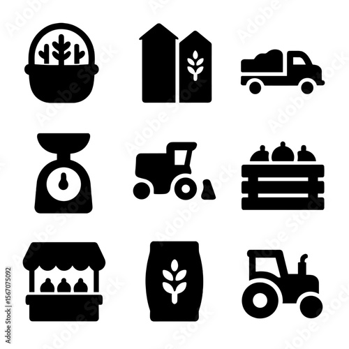 Crop Yield Icons. Solid, filled icon set of crop yield and harvest: basket, grain silo, truck, weighing scale, harvesting machine,