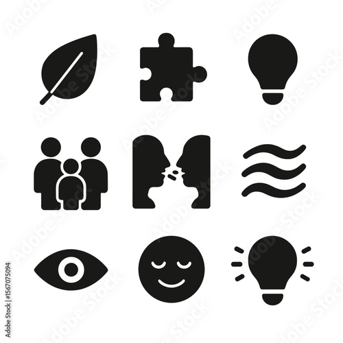 Mindful Play Icons. Solid, filled icons set of mindful play and relaxation: mindful leaf, puzzle piece, soft