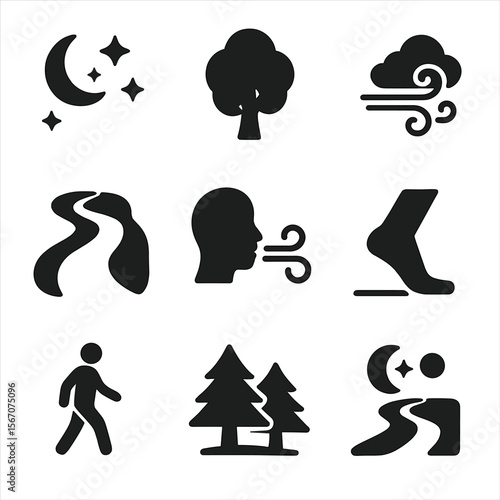 Mindful Walk Icons. Solid, filled icons set of mindful evening walks: evening sky, soft tree, gentle breeze,