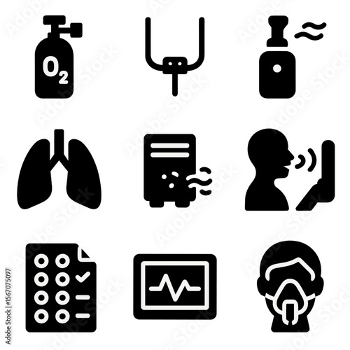 Respiratory Care Icons. Solid, filled icon set of chronic respiratory care: oxygen tank, nasal cannula, nebulizer, lung icon, air