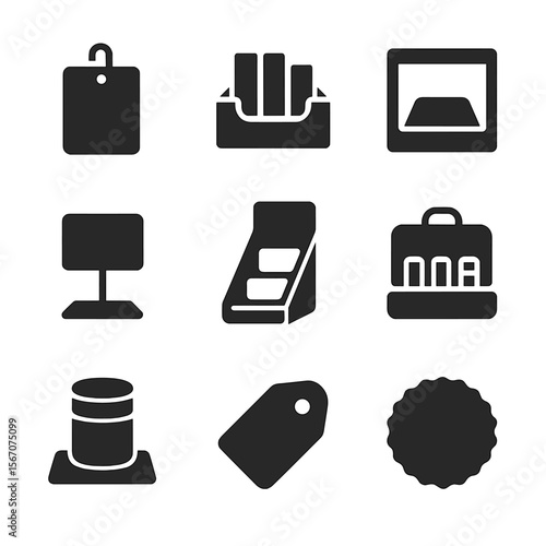Retail Display Icons. Solid, filled icon set of retail display packaging: hanging display, countertop box, window display, shelf