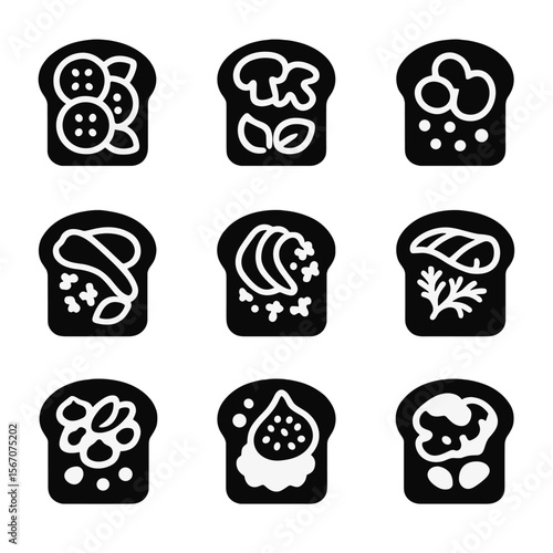 Bruschetta Icon Grid. Solid, Filled icon set of bruschetta varieties: tomato basil, mushroom garlic, olive tapenade, goat cheese
