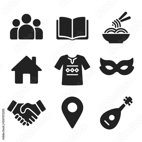 Cultural Exchange Icons. Solid, filled icon set of cultural exchange experiences: group of people, open book, local food, home