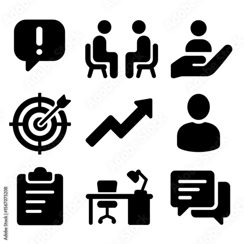 Coaching Icon Set. Solid, filled icons set of coaching and mentoring at work: advice icon, sitting pair,