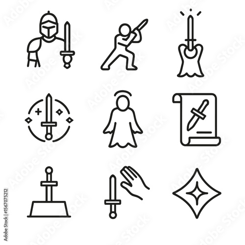 Sword Ritual Icons. Outline icon set of sword wielders and rituals: knight silhouette with sword, warrior stance, ceremonial sword
