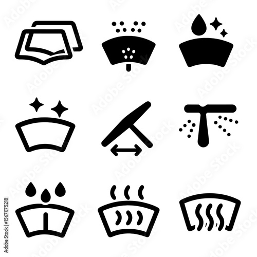 Windshield System Icons. Solid, filled icons set of windshield systems: double-pane glass, washer nozzle, rain