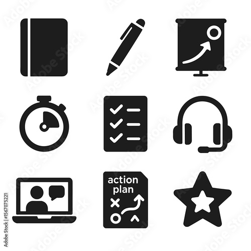 Coaching Tools Icons. Solid, filled icons set of coaching tools and resources: notebook, pen icon, goal chart,