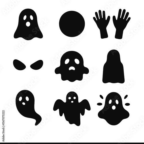 Ghostly Icon Set. Solid, filled icon set of Ghostly apparitions: transparent figure, floating orb, spectral hands, glowing eyes,