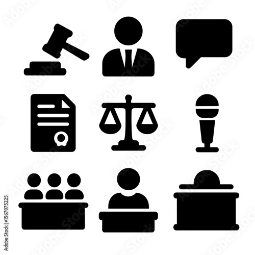 Courtroom Icon Set. Solid, filled icon set of closing arguments being made: gavel, courtroom, lawyer, speech bubble, legal