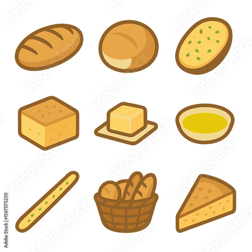 Bread Icon Set. Flat icon set of bread and side accompaniments: crusty loaf, dinner roll, garlic bread slice, cornbread square,