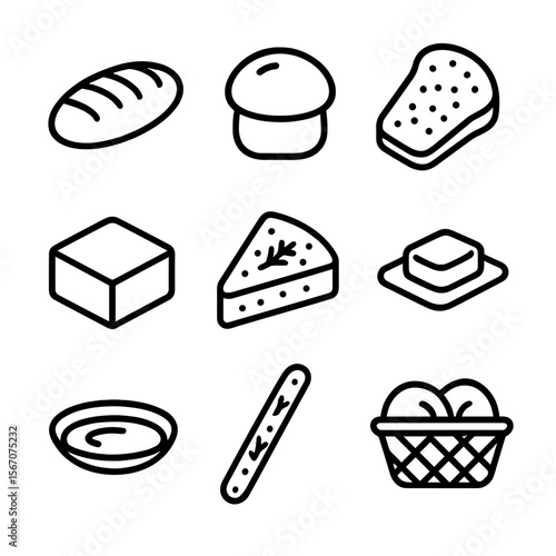 Bread Icon Collection. Outline icon set of bread and side accompaniments: crusty loaf, dinner roll, garlic bread slice, cornbread