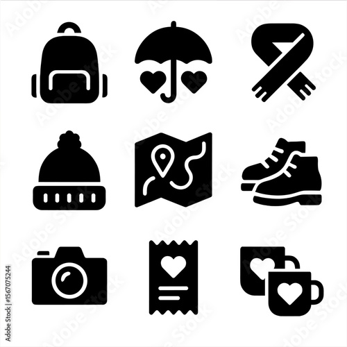 Romantic Travel Gear Icons. Solid, filled icon set of romantic travel gear: day bag, shared umbrella, warm scarf, cozy hat, city