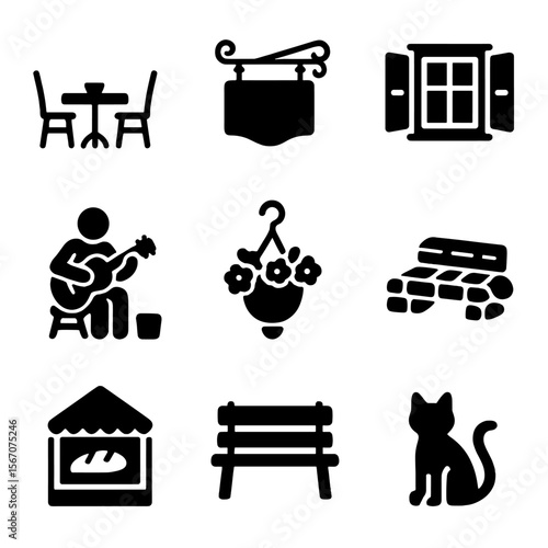 Cozy European Street Icons. Solid, filled icon set of cozy European streets: cafe table, wrought iron sign, window with shutters,