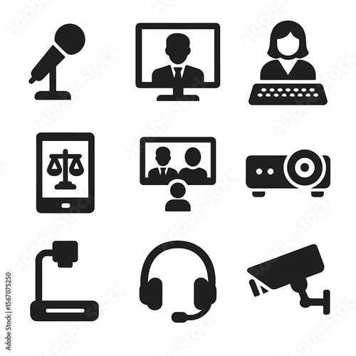 Courtroom Technology Icons. Solid, filled icon set of courtroom technology: microphone, video screen, court recorder, digital